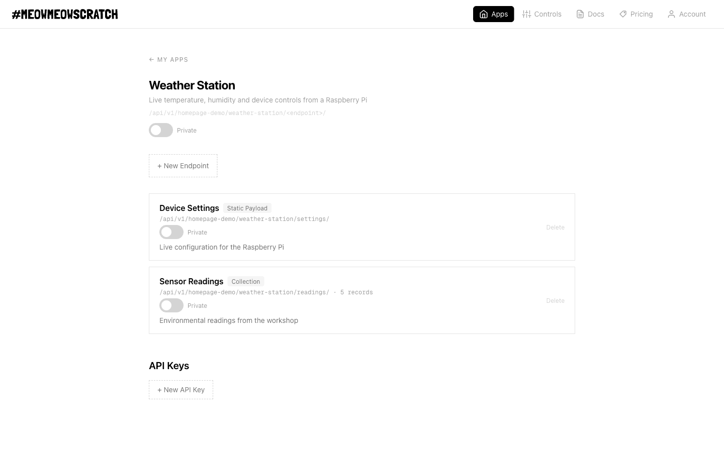 A Meow Meow Scratch app with collection and static API endpoints