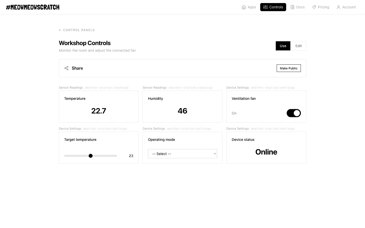 A Meow Meow Scratch control panel showing live temperature, humidity and device settings